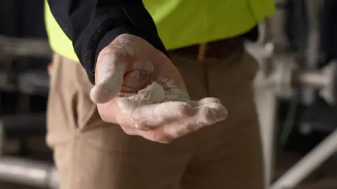 A close up of a hand that is holding a white powder. The hand and fingers are covered in the white powder.