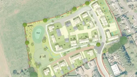 An artist impression/aerial view of the proposed site in Willersey. It features 30 homes, a pond in the left corner of the site and green spaces.