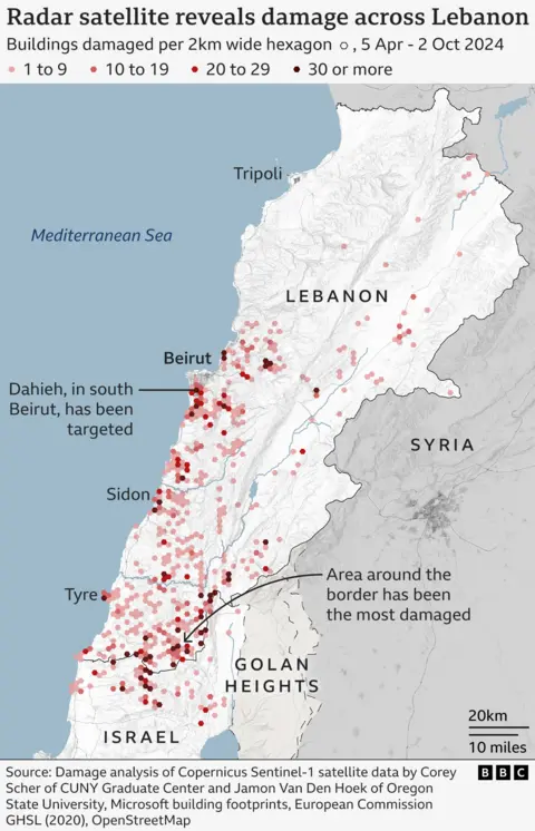 Map of Lebanon showing areas where buildings have been damaged in the conflict since 5 April 2024. Lebanon is a long country with Syria to the east and the Mediterranean to the west. The damage areas are shown as small hexagons. Most damage has been on the southern border with Israel and in Beirut which is on the coast about half way up the map. 