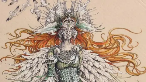 An illustration of a woman with curly ginger flowing hair. She has grey-blue eyes and is wearing a decadent silver mask and crown with a long-sleeved green ball gown, and has feathered wings.