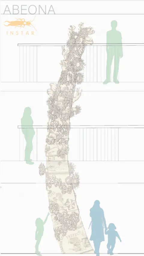 Instar An artist's impression of the tusk-shaped sculpture spanning three floors with graphics of people in place to show scale.