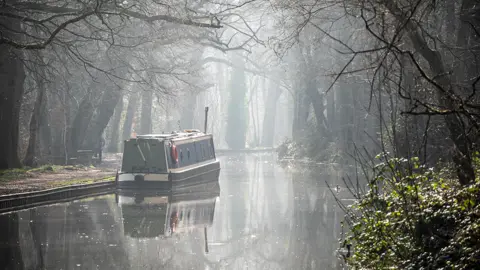 Grum/BBC Weather Watchers A boat on a wide expanse of canal travels between trees with the light making it look misty as it travels between them. The boat is green in colour with a black bottom just visible above the waterline.