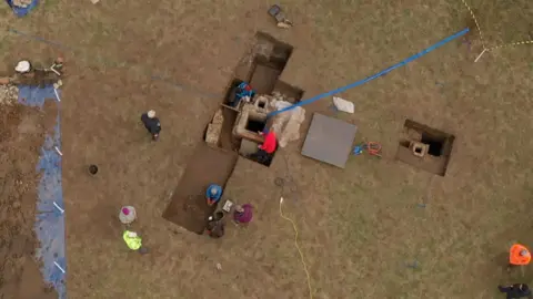 A drone shot showing the bunker excavations
