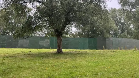 A large green fence erected across a green field with tree seen in the foreground. 