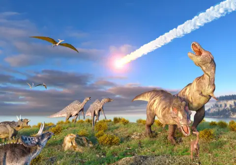 Getty Images Illustration of the KT event at the end of the Cretaceous period. A ten-kilometer-wide asteroid or comet is entering Earth's atmosphere as T. Dinosaurs watch, including Rex.