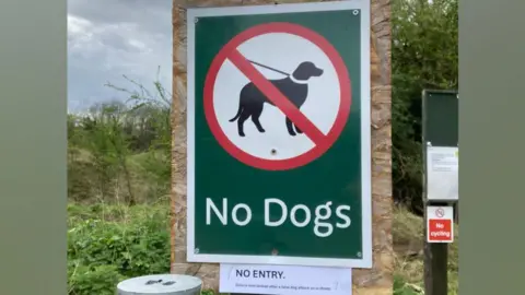 Natural England A green white and red sign saying No Dogs, with an image of a dog with a red bar through it