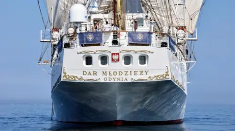 Gdynia Maritime University The stern of the vessel with its name and home port of Gdynia on gold lettering.