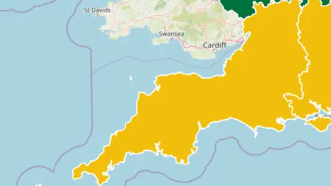UKHSA A map of the South West. The area is yellow. 