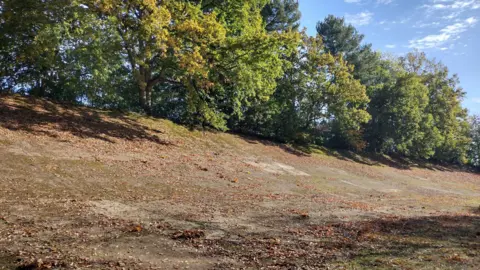 Fiona McCarthy / BBC. Una pista de carreras de hormigón peraltada. La pista está cubierta de hojas y los árboles bordean la parte superior del recorrido.