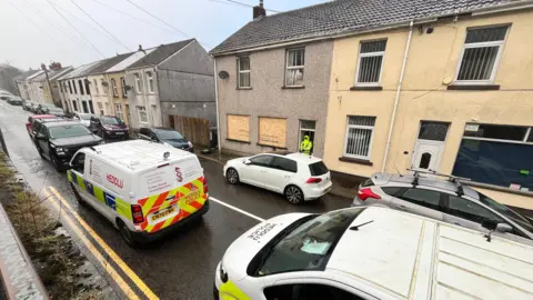 BBC Images of Commercial Street in Abergwynfi showing police presence