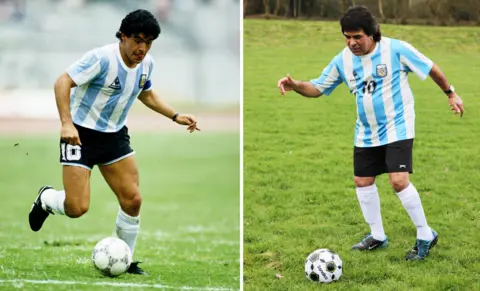 Getty Images/BBC Two images. Left, Diego Maradona is sprinting on a football pitch in 1982. He is wearing a blue and white Argentina shirt, black shorts, white socks and black boots. Right, a man resembling Maradona is playing football on a field. He is dressed in a blue and white football shirt, has thick black hair and wears an earing.