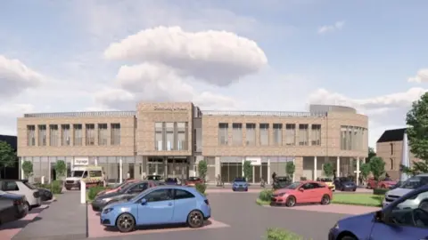 An artist's impression showing a curved building with glass panels and pillars between the ground and first floor with a sign reading "Community & Health". A number of cars are parked in a car park in front.