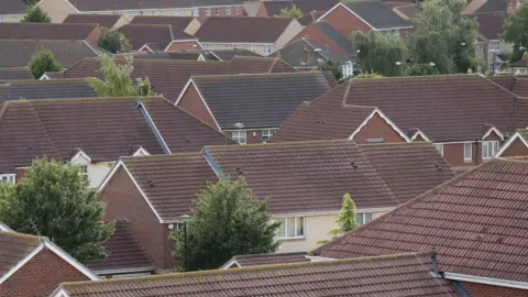 PA Media Roof top view of housing estate, with many homes next to each other with two trees in between