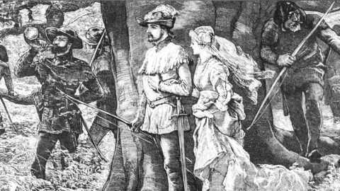 Getty Images A depiction of Robin Hood and Maid Marian getting married in Sherwood Forest from an1886 antique book