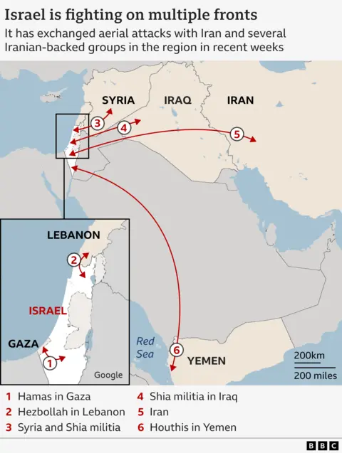 Map showing Israel is warring  connected  aggregate  fronts successful  the Middle East - Hamas successful  Gaza, Hezbollah successful  Lebanon, Syrian forces and Shia militia successful  Syria, Shia militia successful  Iraq, Iran, and Houthis successful  Yemen. 