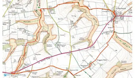 Crown Copyright An ordnance survey map showing the detailed route of the Wayrham Dale, Fridaythorpe & Huggate Wold walk