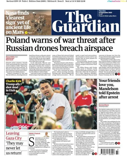 The headline on the front page of the Guardian reads: “Poland warns of war threat after Russian drones breach airspace”.