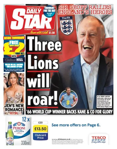 The headline on the front page of the Daily Star reads: "Three Lions will roar!"