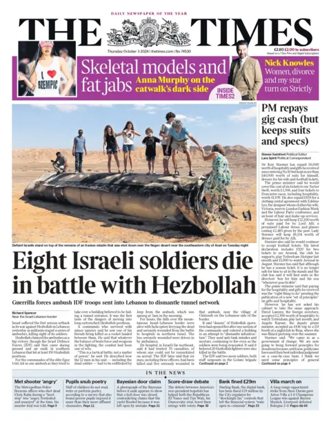 The Times front page for 3 October  