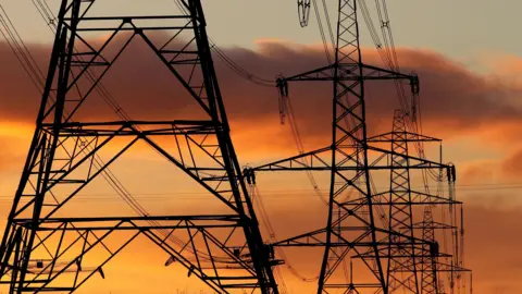 Generic image of a row of metal electricity pylons stretching off into the distance under the sky at sunset.