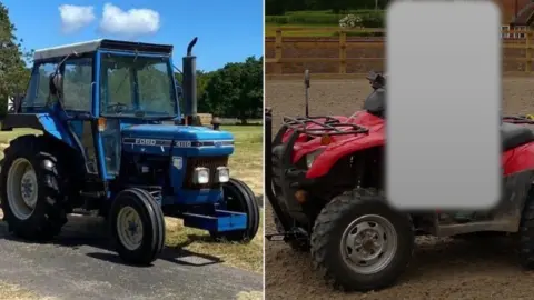 Two images side-by-side left of a blue tractor and right a red quad bike both stolen from farms
