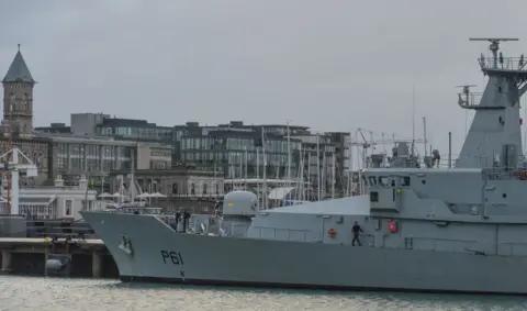 Artur Widak/NurPhoto via Getty Images LÉ Samuel Beckett (P61), an offshore patrol vessel of the Irish Naval Service seen from the East Pier in Dun Laoghaire during Level 5 Covid-19 lockdown. On Saturday, February 20, 2021, in Dún Laoghaire