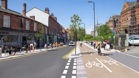 Leeds City Council A computer-generated image of what Great George Street in Leeds will look like when cycle lanes are added. In the picture a cyclist travels towards the camera on a newly created section of cycleway that is separated from other vehicles.