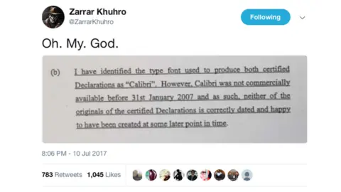 Twitter/ZarrarKhuhro Tweet showing a picture of the report about the font and the caption "oh my god"