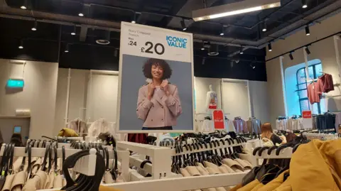 Clothing rails filled with beige and mustard trench coats in the foreground of a clothing shop. A large promotional sign above the display shows a cropped trench coat priced at £20, reduced from £24, with the text “ICONIC VALUE”. Additional clothing racks extend across the shop floor, including tops and jackets, with red sale signs showing “50% off”. A mannequin stands near the back of the store, and overhead ceiling lights illuminate the retail space.