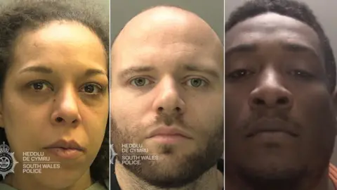 South Wales Police A composite image of the three defendants. Quailey-Dashper has long, dark textured hair, Mills-Smith is bald with short stubble, and Baptiste has short black hair and a goatee. 