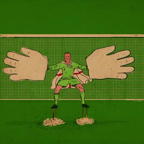 Reuben Dangoor Goalkeeper Jordan Pickford dressed as a super hero wearing giant goalie gloves