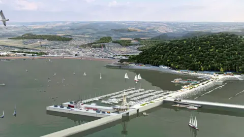 Marks Barfield Architects An artist's impression of the lagoon. It shows a marina and boats in the water. Minehead is in the background to the left and there are trees to the right. 