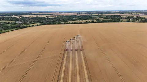 PX Farms An aerial image of four combine harvesters in a diagonal row being followed by tractors with red trailers in a yellow field, with a patchwork of fields in the background.