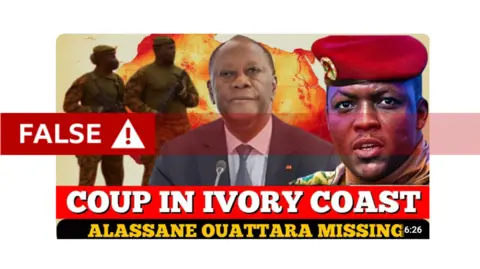 YouTube Screenshot of a YouTube video with a red strapline reading 'FALSE!'. Behind it there is a graphic showing the map of Africa with images of two soldiers to the left, a headshot of President Ouattara in a suit in the middle and Ibrahim Traoré in a red military beret to the right. There an aston at the bottom that reads in white caps on a red background: 'Coup in Ivory Coast' and beneath that in yellow caps on a black background' Alassane Ouattara Missing'.