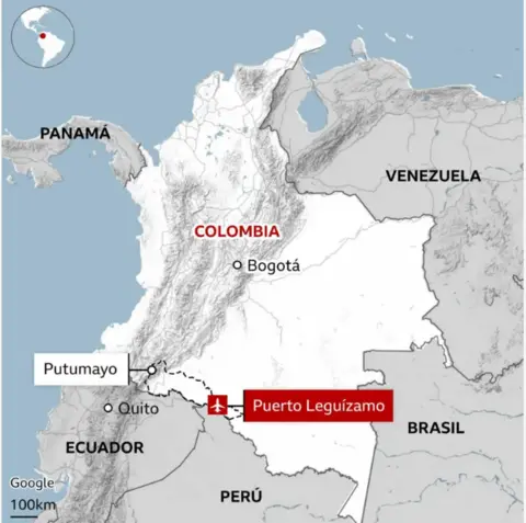 A map of Colombia shows the airport in Puerto Leguízamo, near the border with Peru. 
