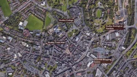 Google Maps Aerial map of Dudley, showing the zoo's location
