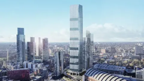 Salboy CGI image of what is epected to be the tallest skyscraper in Manchester. The image shows Manchester Central conference centre and the Beetham Tower.