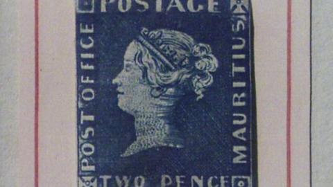 A blue two pence stamp.
