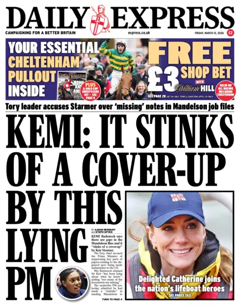 "Kemi: It stinks of a cover-up by this lying PM," reads the headline on the front page of the Daily Express.