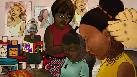 NG'ENDO MUKII A still from her animation Yellow Fever showing girls getting their hair braided and some bottles of 'magic cream'.