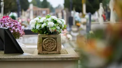 The picture shows a basket of flowers in a cemetery seen from a side angle to the graves in a row with several flowers in the background.