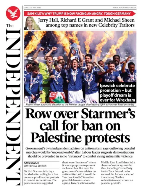 "Row over Starmer's call for ban on Palestine protests," reads the headline on the front page of the Independent.