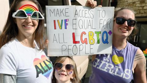 Two women and child smiling at camera with sign reading 'Make access to IVF equal for all LGBTQ+ people'