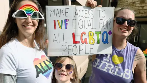 Two women and child smiling at camera with sign reading 'Make access to IVF equal for all LGBTQ+ people'