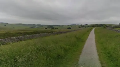 A long footpath between green fields with rock fences either side