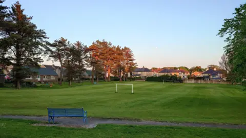 A mown grassy playing field with two football goalposts and a blue bench. There are trees along either side and houses in the background.