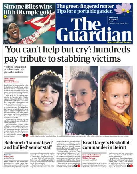 The headline on the front page of the Guardian reads: "'You can't help but cry': hundreds pay tribute to stabbing victims 