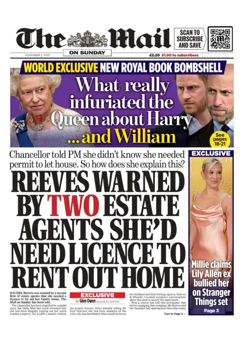 "Reeves warned by two estate agents she'd need licence to rent out home," the Mail on Sunday's headline on the front page reads