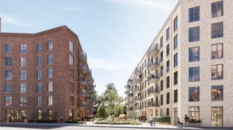 Liz Lake Associates The photo shows a pedestrianised street with trees and green space down the middle. Apartment blocks sit either side of the street. The block of the left is a dark brown colour, while the one on the white is a lighter, sandy shade. 