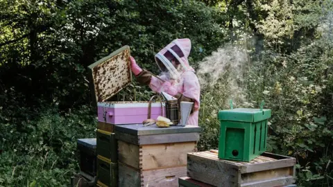 Camp Bestival A beekeeper in pink working with some bees in a wooded area
